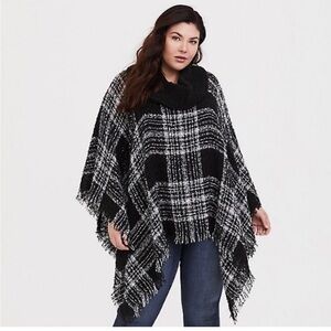 Torrid Southwestern Plaid Boho Fringe Cowl Turtleneck Poncho Sweater